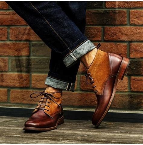 Handmade Men S Brogue Ankle High Boot Tan Brown Blue Leather And Suede Laceup Boot Hand Made