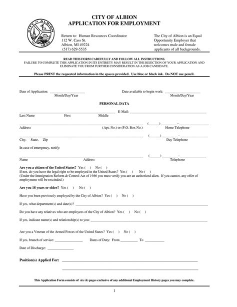 City Of Albion Michigan Application For Employment Fill Out Sign