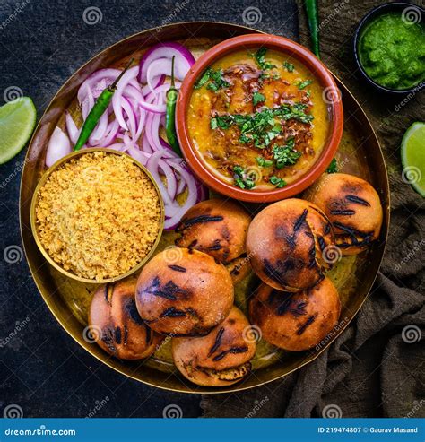 Traditional Rustic Food - Dal Bati Churma Stock Image - Image of litti ...