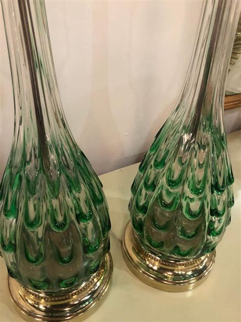 Vintage Green Swirl Glass Murano Pair Of Table Lamps Brass Lucite Italian At 1stdibs