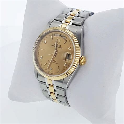 Tudor Pre Owned Tudor Prince Day Date Automatic Diamond Gold Dial Men S Watch 76213 Pre Owned