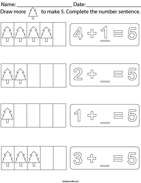 Draw More Trees To Make 5 Math Worksheet Twisty Noodle