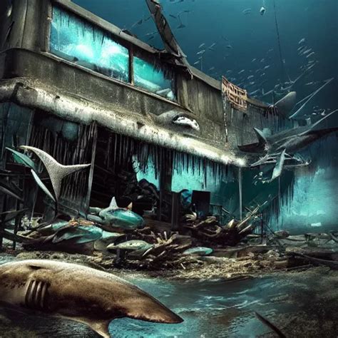 An Abandoned Camp Site Under Water Horror Sharks Stable Diffusion