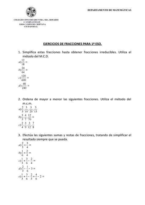 Ejercicios De Fracciones Para 1 Eso COLEGIO CONCERTADO NTRA SRA