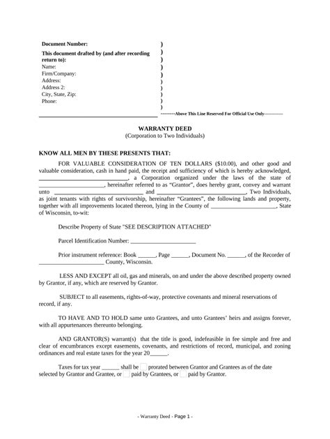 Warranty Deed From Corporation To Two Individuals Wisconsin Doc