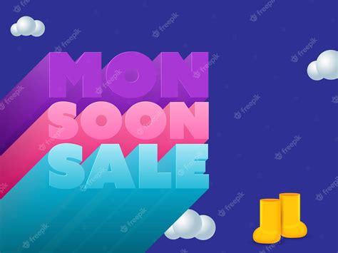 Premium Vector Advertising Poster Design With 3d Monsoon Sale Font Boots And Clouds On Blue