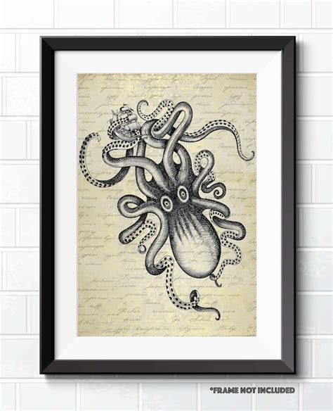 Nautical Octopus Moby Dick The Kraken Artwork A4 A3 Unframed Etsy