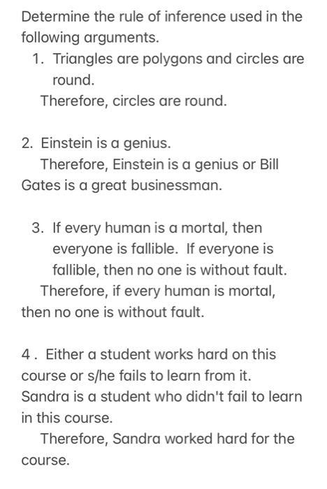 Solved Determine The Rule Of Inference Used In The Following