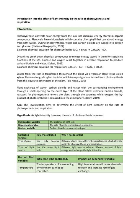 Investigation into the effect of light intensity on the rate of