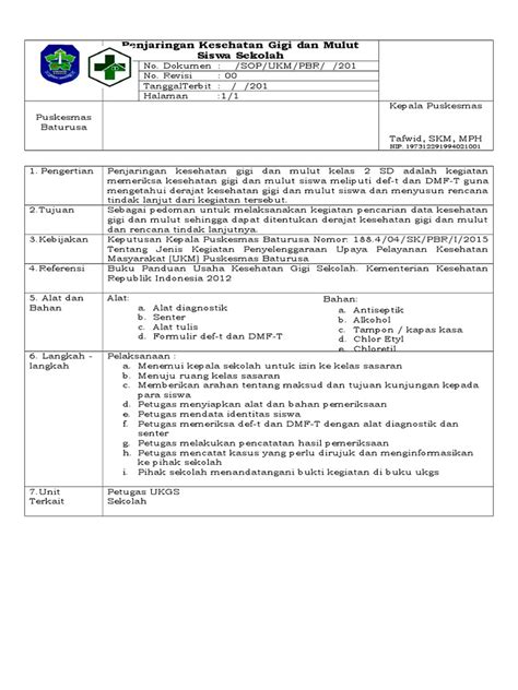 Sop Penjaringan Usaha Kesehatan Gigi Sekolah Pdf Karier