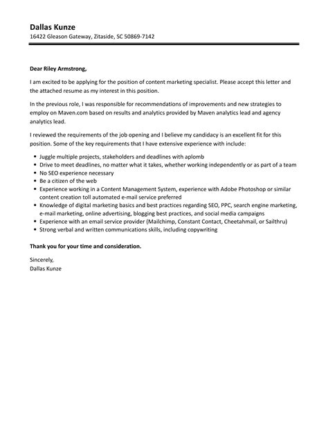 Marketing Specialist Cover Letter