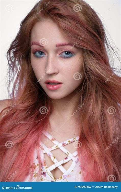 Close Up Portrait Of Beautiful Girl With Pink Hair And Pink And Blue