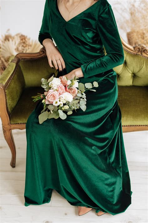 Forest Green Velvet Bridesmaid Dress V Neck Velvet Prom Dress Etsy