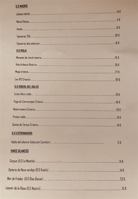 Carta De Vinos Restaurante Alojamientos El Extreme O