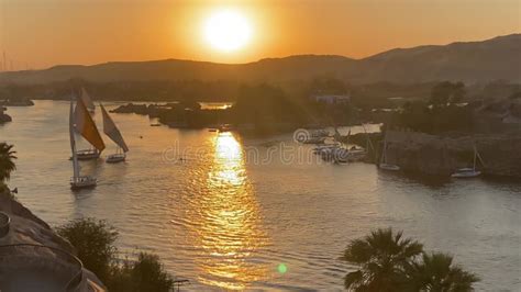 Beautiful Landscape With Felucca Boats On The Nile River In Aswan