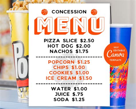 Basketball Concession Menu Editable Template Concession Stand Sign Canva