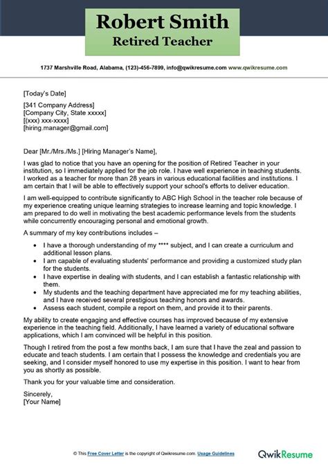 Retired Teacher Cover Letter Examples QwikResume