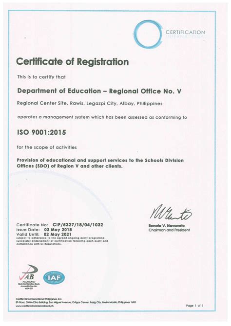 Iso 9001 2015 Certificate Region V Department Of Education