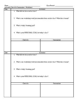 Activator Summarizer Template Do Now Warm Up Bell Ringer FOR RETENTION