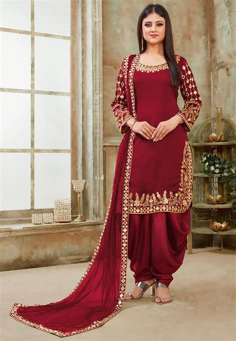 Buy Embroidered Art Silk Punjabi Suit In Maroon Online Kch3735