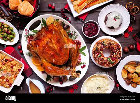 Traditional Christmas Turkey Dinner Top View Table Scene On A Dark