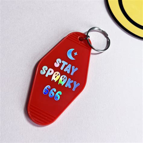 Stay Spooky 666 Motel Keychain Red Holographic Goth Emo Acrylic Key