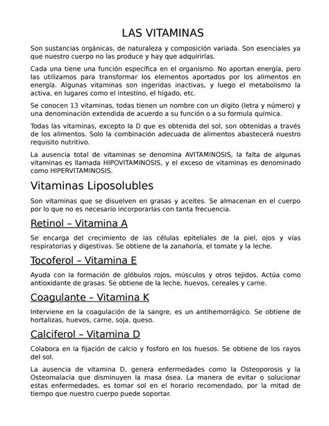 Vitaminas Y Sus Funciones En El Cuerpo Las Vitaminas Son Sustancias Orgánicas De Naturaleza Y