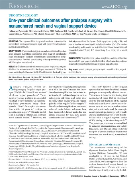 Pdf One Year Clinical Outcomes After Prolapse Surgery With