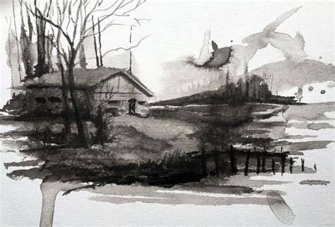 Ink Wash Painting House In The Woods