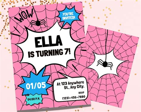 Girl Spiderman Birthday Invitation 7th Birthday Invitation Spider