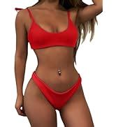 Amazon ZAFUL Women S Sexy Tie Shoulders Ribbed Bikini Set Padded Strap Triangle Swimsuit