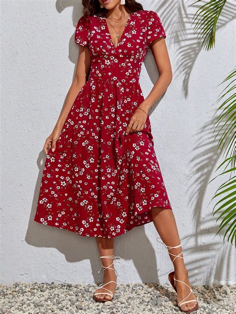 Shein Tall Vestido L Nea A Con Estampado Floral De Cuello Cruzado