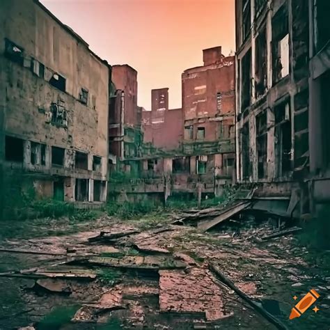 Abandoned City Streets With Overgrown Vegetation And Decayed