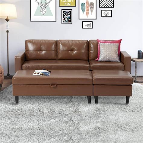 Small Faux Leather Sectional Sofa with Storage Ottoman and Chaise Loun ...