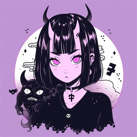 Premium Photo | Anime girl with horns and a devil face holding a cat generative ai