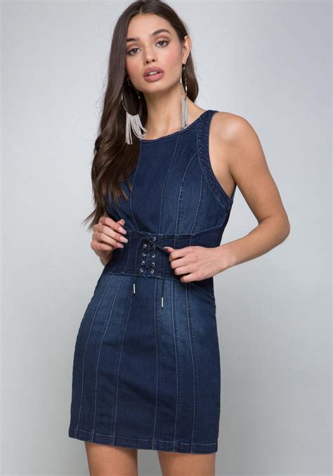 Lyst Bebe Denim Corset Dress In Blue