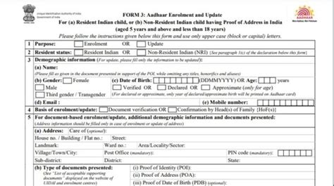 Aadhaar Enrollment Form Enrollment Correction Update