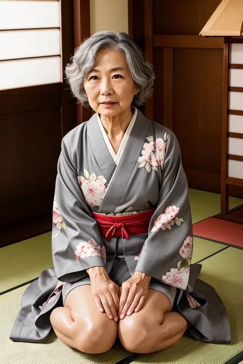 80 Year Old Japanese Grandma、gray Hair、wavy Short Hair、huge Saggy Breasts、plump Body、traditional