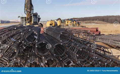 Reinforcing Cages For Bored Piles Stacked At The Construction Site
