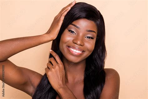 Photo Of Charming Shiny Dark Skin Nude Woman Hands Arms Hair Applying Mask Isolated Beige Color