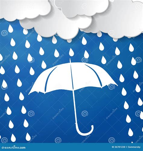 Clouds With Umbrella And Rain Drops On A Blue Background Royalty Free