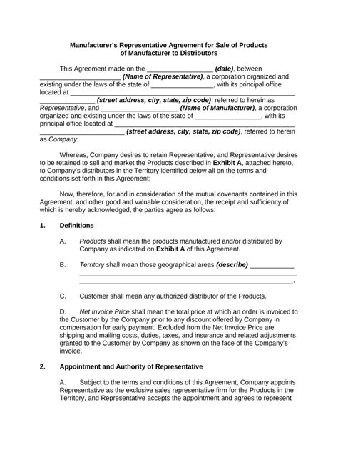 Manufacturers Rep Agreement Template