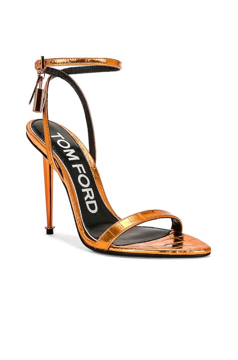 TOM FORD Metallic Stamped Croc Padlock Pointy Naked Sandal In Clementine FWRD