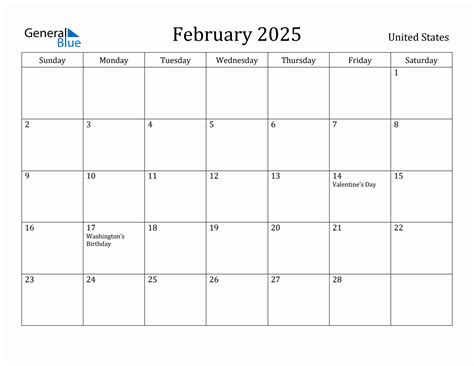 February 2025 Monthly Calendar with United States Holidays