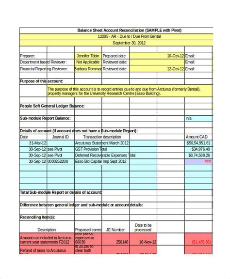 Reconciliation Template Spreadsheet