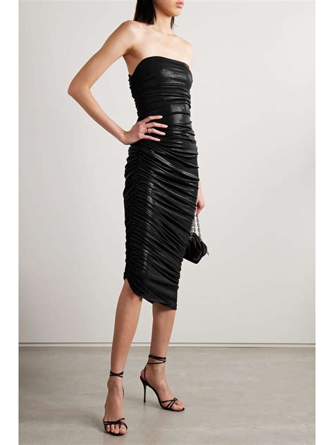 NORMA KAMALI Diana Strapless Ruched Asymmetric Metallic Stretch Jersey