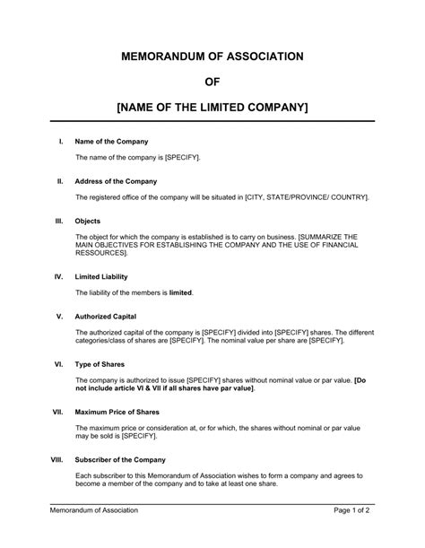 Memorandum Of Association Template Download