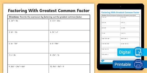 Algebra I Factoring With Greatest Common Factor Twinkl