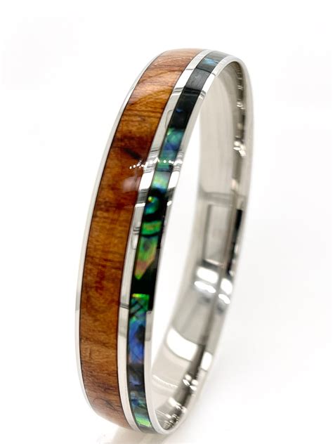 Hawaiian Mm Double Koa Wood And Abalone Shell Bangle Bracelet Silver