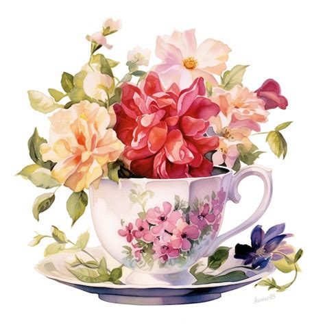 Premium AI Image | There is a painting of a tea cup with flowers in it ...